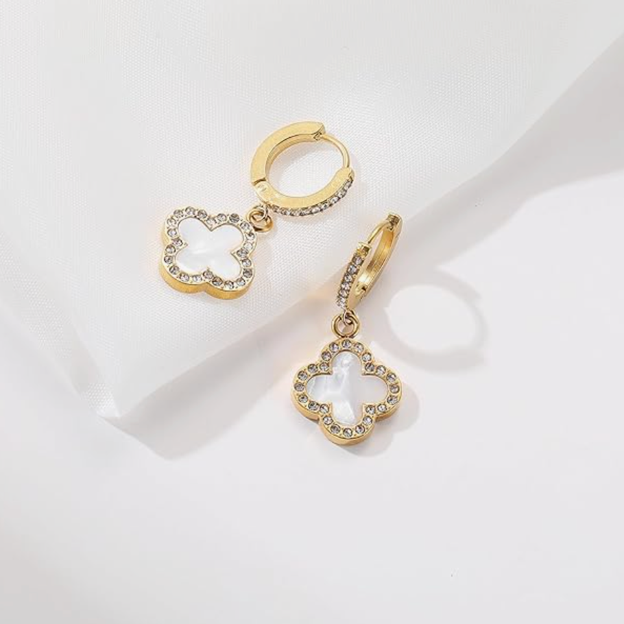 Four-Leaf White Clover Hoop Earrings